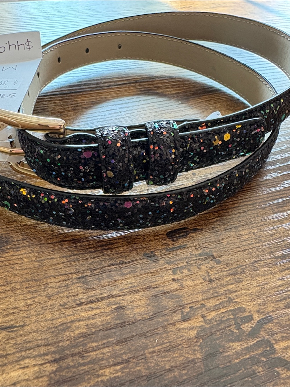 NWT Loft Outlet—Women's Black Glitter Belt with Gold Buckle